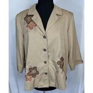 Alfred Dunner Embroidered Flowers Plus Button Up Jacket Top Women's 16P Brown